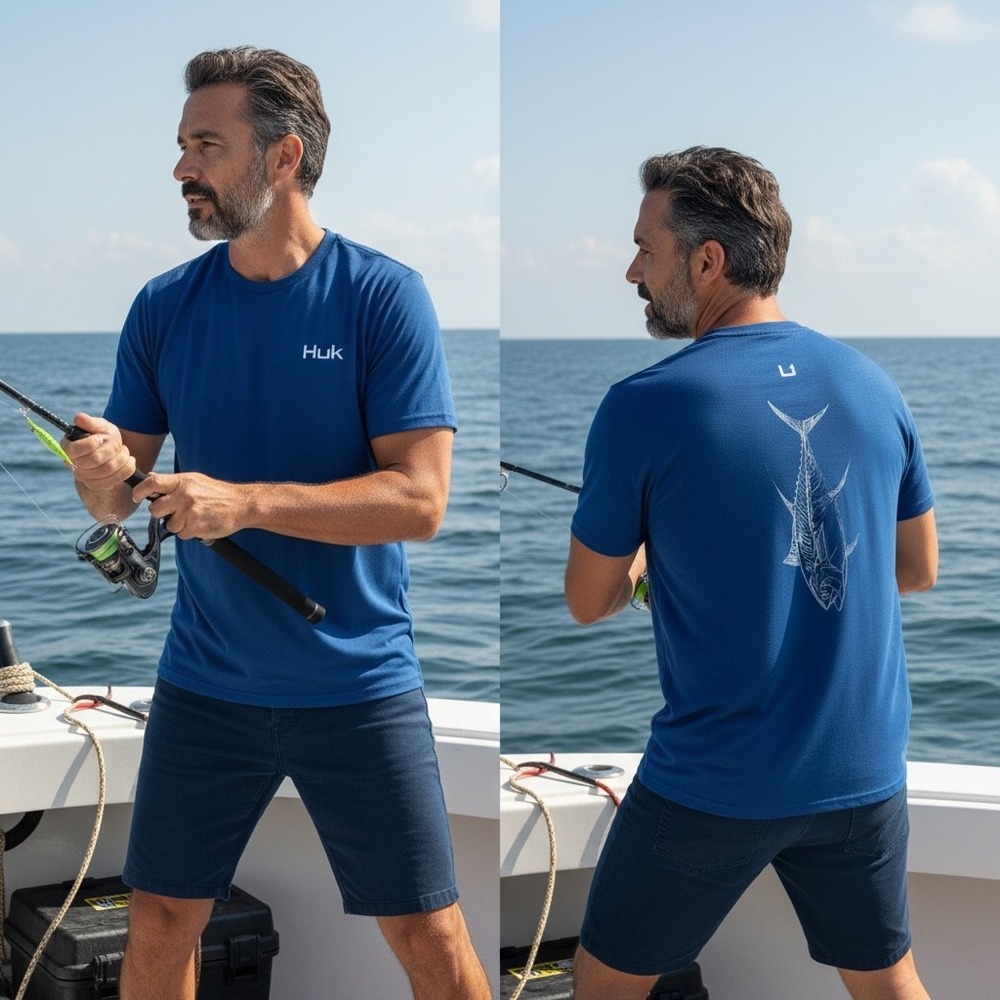 Huk Mens Pursuit Fishing Shirt Blue Tuna Skeleton Graphic Tee H1000503-489 XL